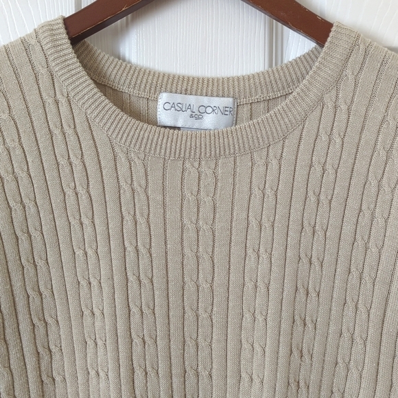 Casual Corner 90's Vintage Cable & Ribbed Knit Short Sleeve Crewneck Top Beige M - Picture 2 of 9
